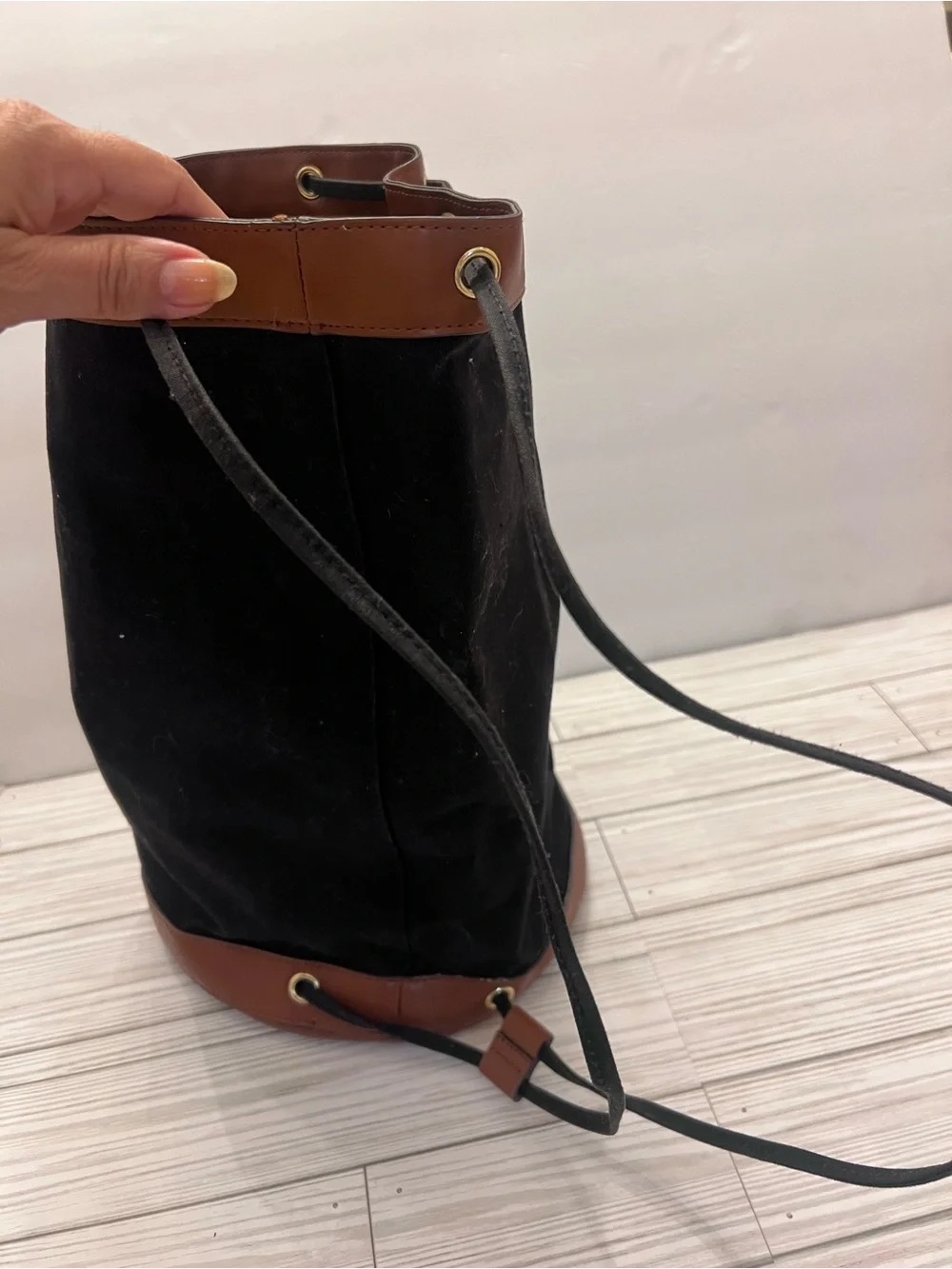 Henri Bendel Black Canvas & Brown Leather Drawstring Bag